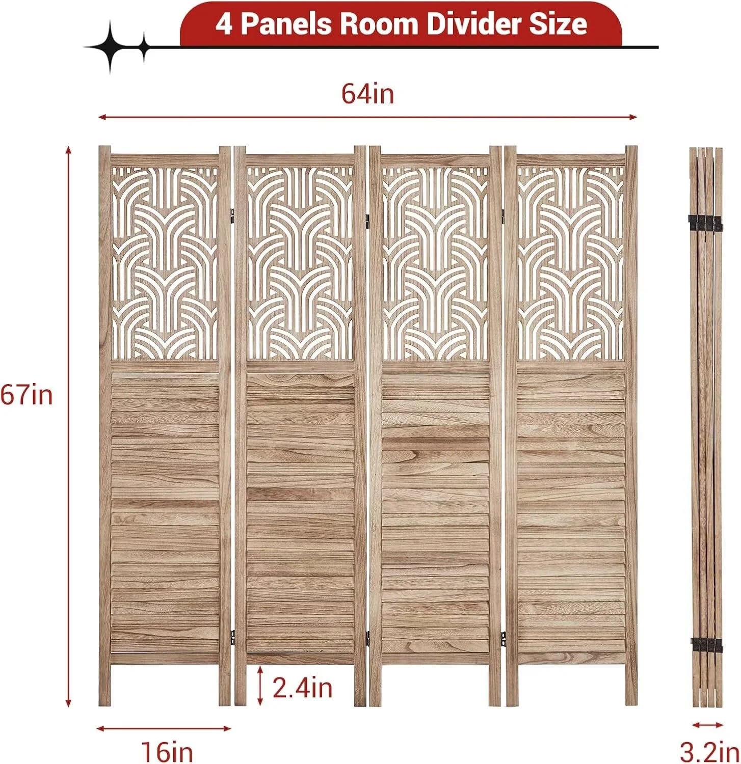 Garvee 4 Panel Wooden Room Dividers, 67" Tall Folding Portable Partition Privacy Screen, Free Assembled Freestanding Partition, Separators Divider Wall for Home Office