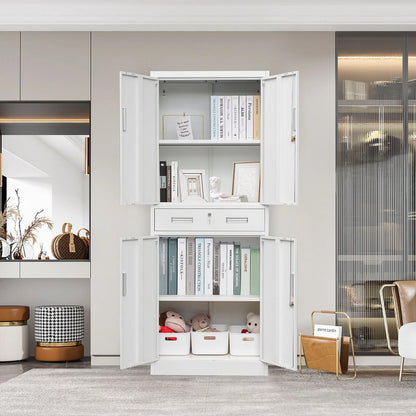 Metal Storage Cabinets with 1 Drawer and Adjustable Shelves, Locking Storage Cabinet for Pantry Kitchen Home Office Garage Living Dining Room (White)