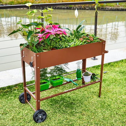 EXCITED WORK Brown Mobile Metal Raised Garden Bed, Outdoor/Indoor Garden Pots with Handles, Wheels and Shelves for Vegetables Flowers Fruits Apartment Patio Stand-37.4 inches Long