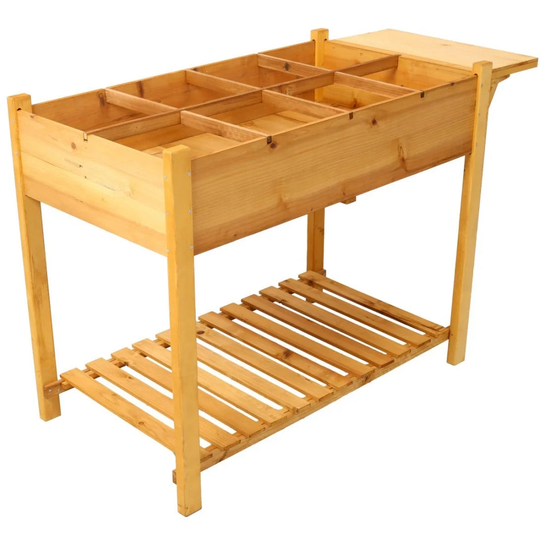 IVV Elevated Wooden Raised Garden Bed - 8 Grid Planter Box with Folding Side Table and Storage Shelf, Fabric Liner & Drainage Holes for Vegetables, Herbs, and Flowers - Dark Brown