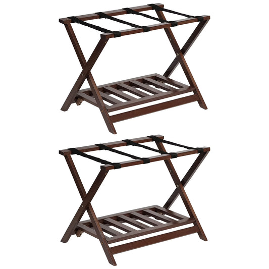 PJ Wood Hotel Style Wood Folding Suitcase Luggage Rack w/Shelf, (2 Pack)