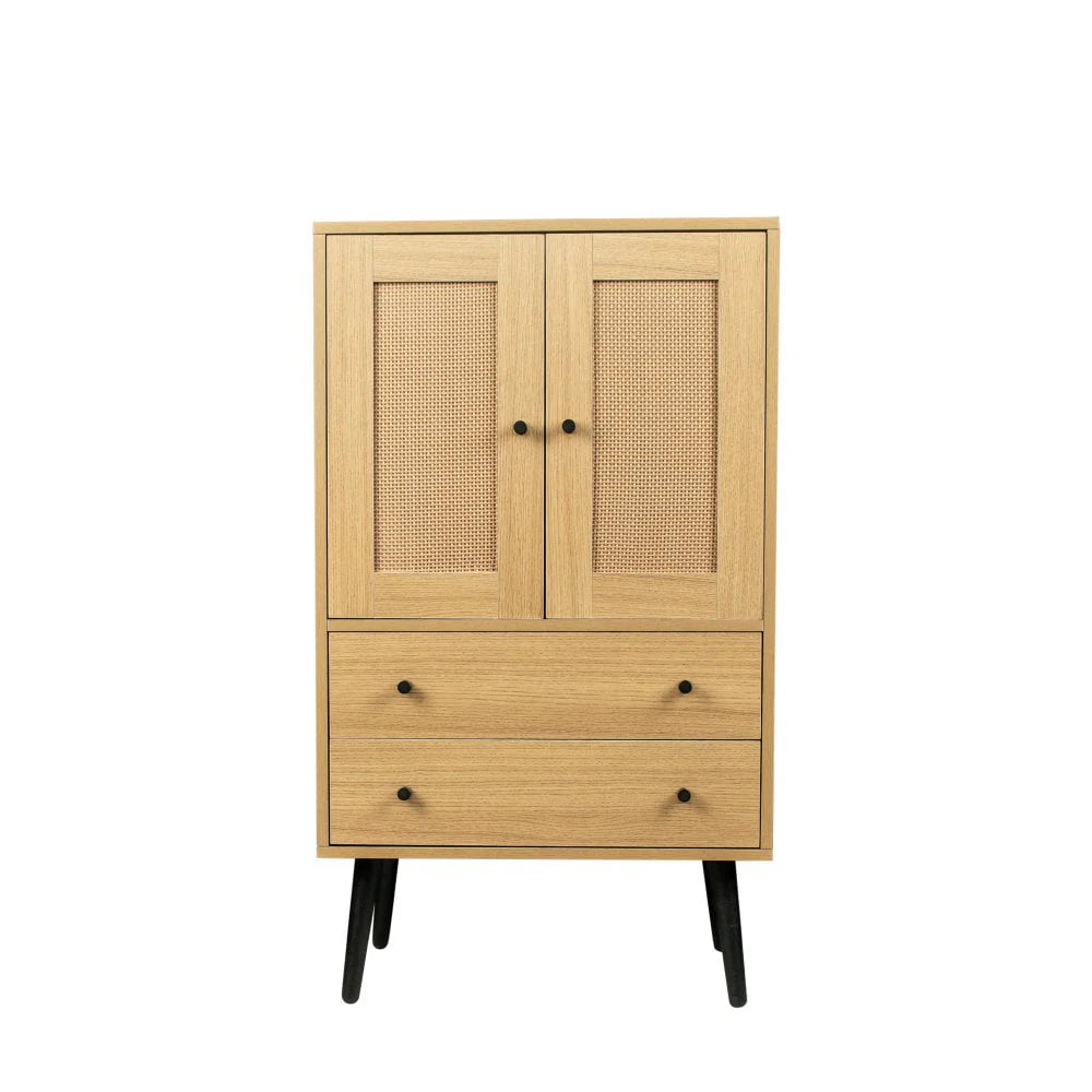 GZXS Storage Cabinet with 2 Rattan Doors & 2 Drawers, Mid Century Modern Buffet Sideboard Kitchen Cupboard for Living Room, Bedroom, Hallway, Home Office, Natural