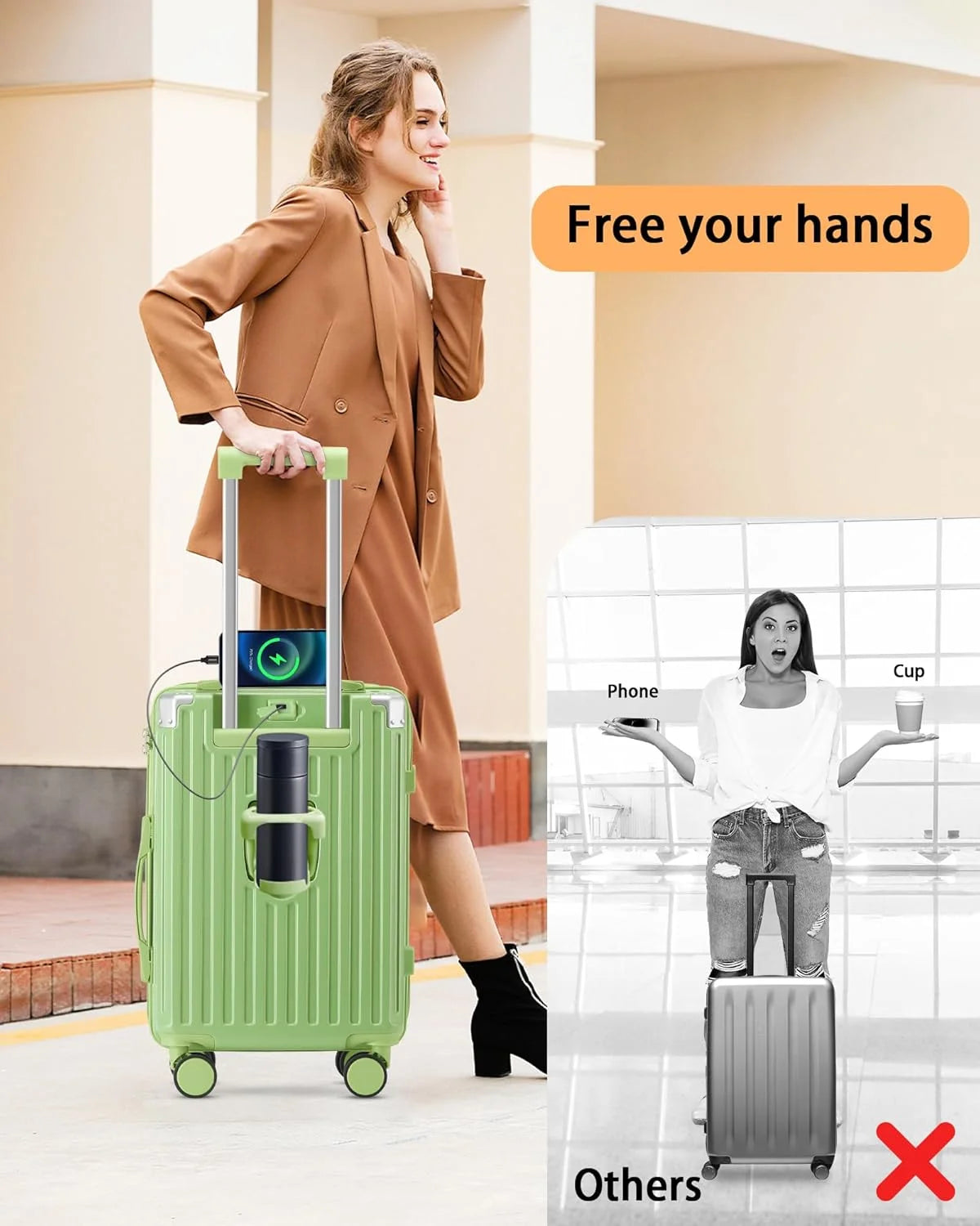 20 Inch Carry On Luggage With Cup Holder & USB Port, Airline Approved TSA-locked Luggage, Lightweight PC Material Travel Suitcase With 360° Spinner Wheel