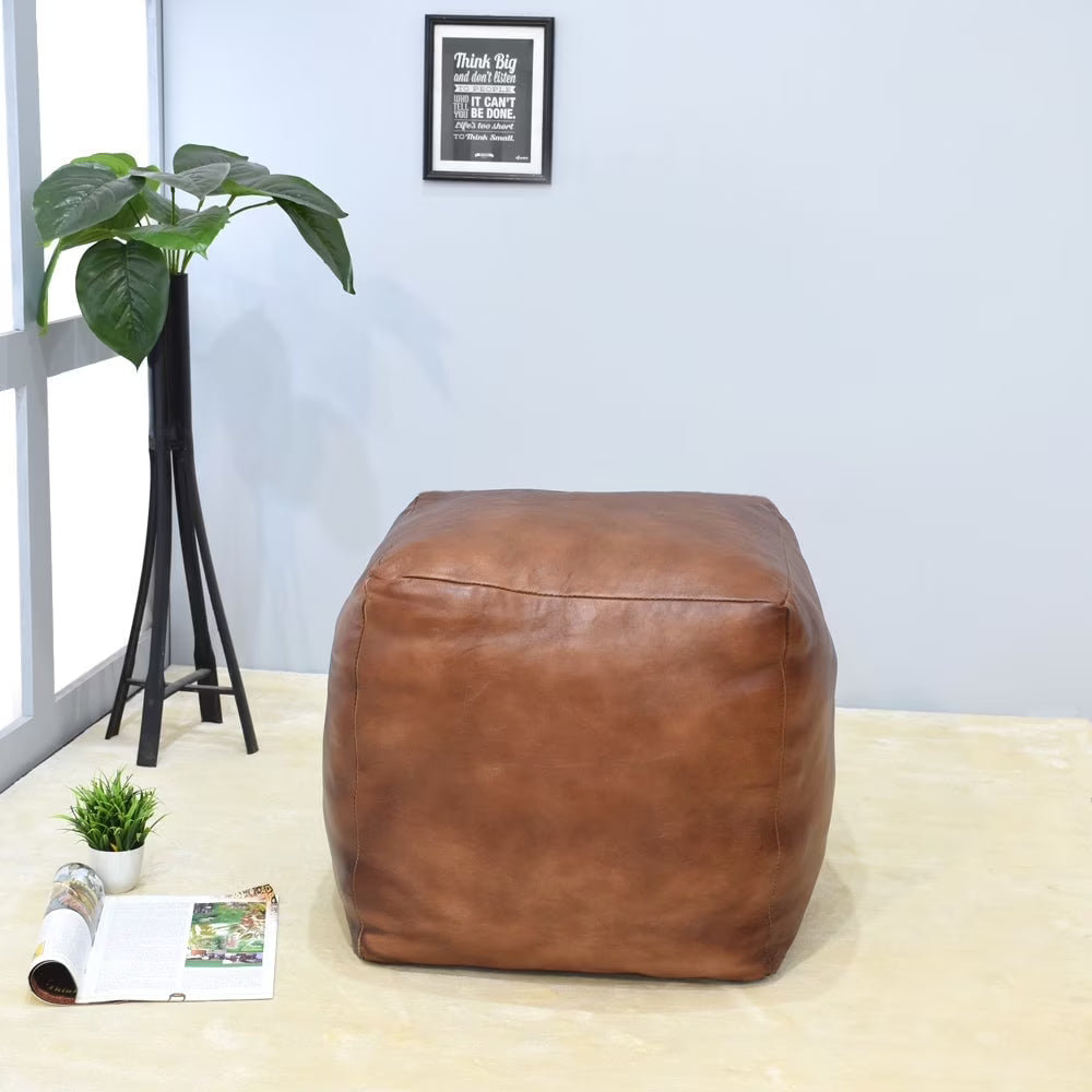 BBH Homes Handmade Solid Black 14x14x14 Inch Goat Leather Pouf For Living Room, Indoor WABBBACPF12SC