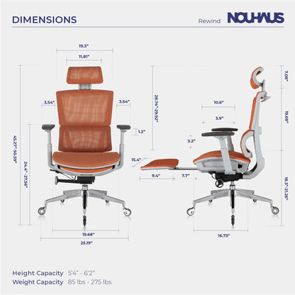 Nouhaus Rewind Ergonomic Office Chair with Footrest and Lumbar Support. Swivel Computer Chair, Rolling Home Office Desk Chairs with Wheels, Mesh High Back Task Chair, Comfortable Office Chair