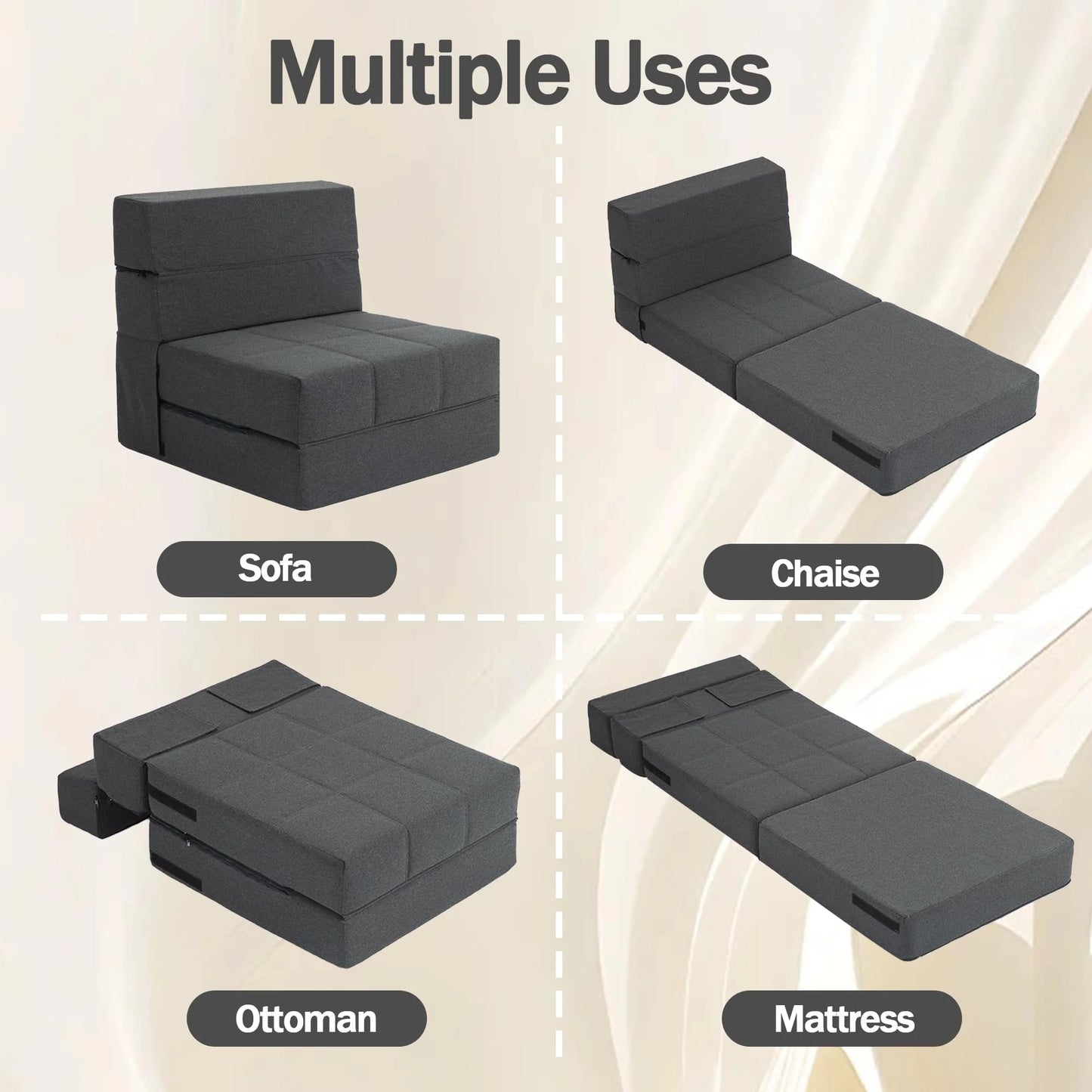 Folding Sofa Bed, 7 inch Memory Foam Floor Couch, Convertible Sleeper Foldable Mattress Futon Sofa for Living Room/Home Office/Guest Beds/Apartment/Upstairs Loft, Dark Gray, Single