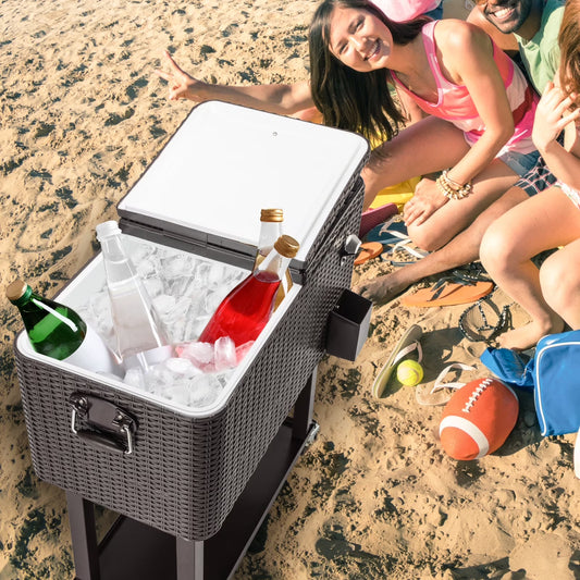 80QT Rattan Cooler with Shelf & Wheels - Insulated Outdoor Beverage Ice Chest for Parties, Patios, & Events - Durable Woven Design, Stainless Steel Accents, Keeps Cool 48 Hrs