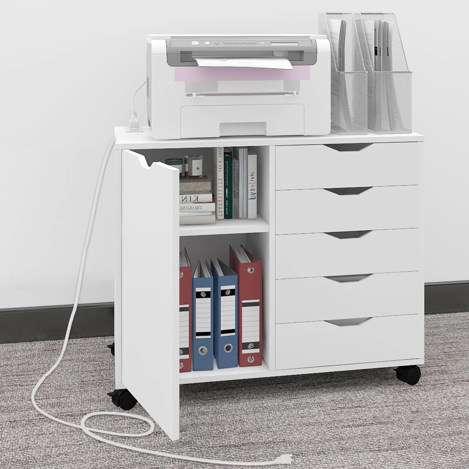 Natwind 5-Drawer Mobilable Wood Printer Stand with Charging Station,Cart File Storage Cabinets with Socket and Door Home Office Lateral Filing Cabinet(white)