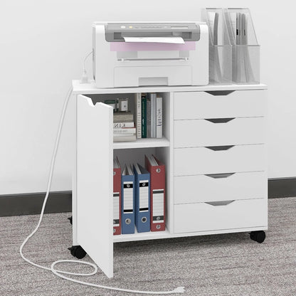 Natwind 5-Drawer Mobilable Wood Printer Stand with Charging Station,Cart File Storage Cabinets with Socket and Door Home Office Lateral Filing Cabinet(white)