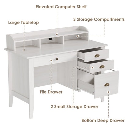 Homfa 47 in Computer Desk, Home Office Writing Table with 4 Drawers and Hutch Shelf, Oak White