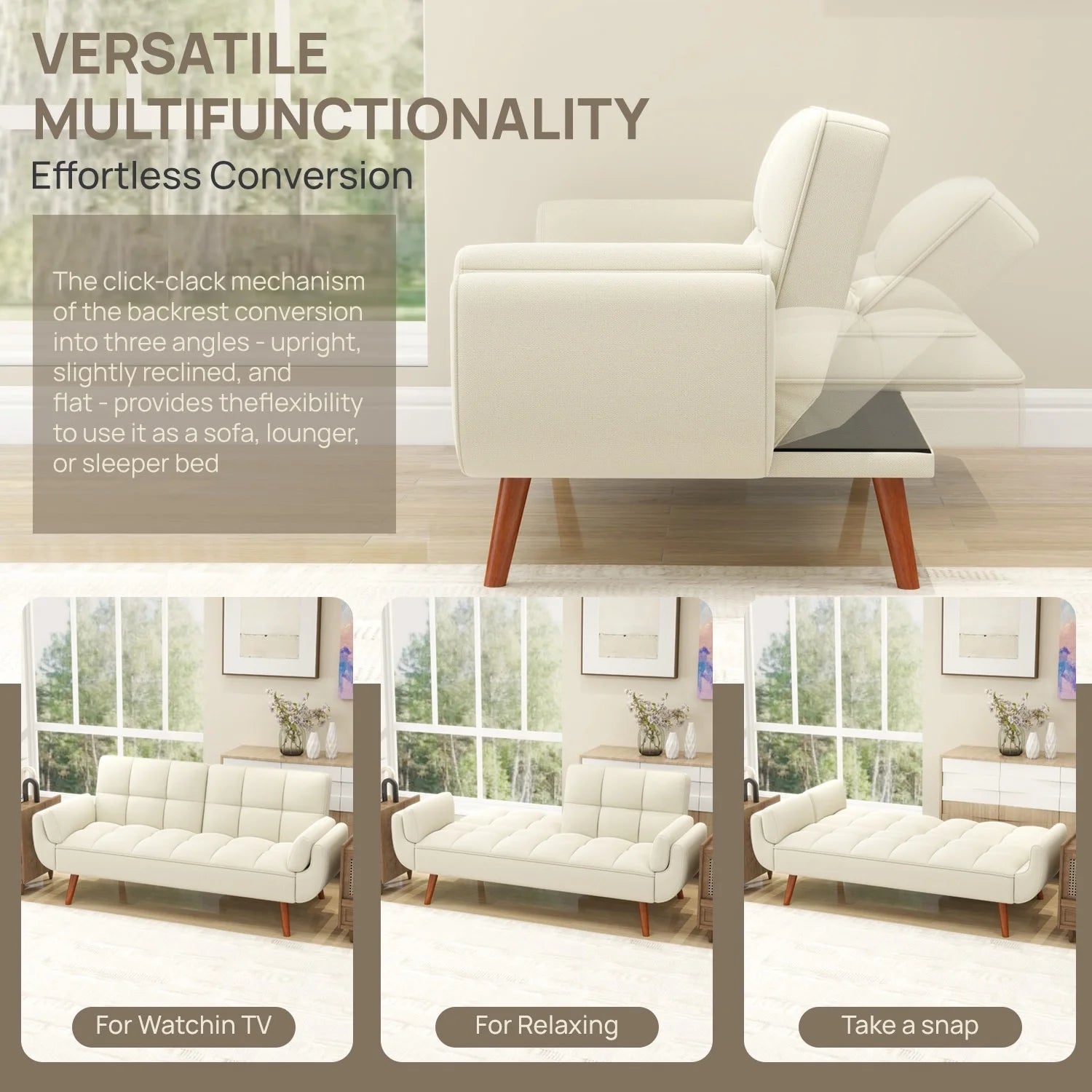 75.39 Inch Futon Sofa Bed-Convertible Couch Loveseat Sleeper for Living Room, Bedroom, Studio, Apartment, Dorm, Home Office Cream