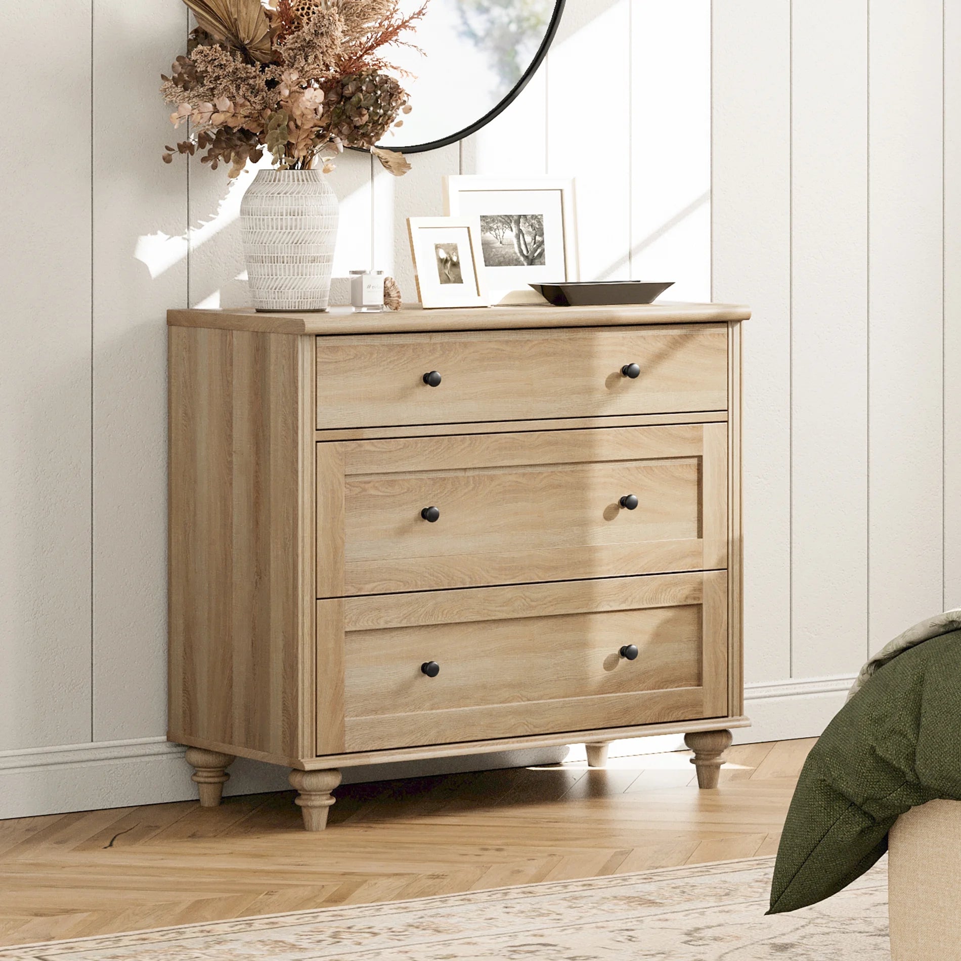 Oak Bedroom Dresser with 3 Drawers, Mid Century Modern Wooden Closet Storage Organizer, Small Dressers Suitable for Living Room, Nursery, and Hallway