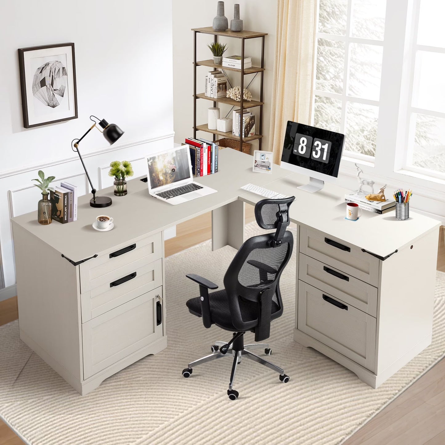 Haverchair 60" Executive L Shaped Desk with Drawers, Farmhouse Home Office Desk with Charging Station, Wood Corner Computer Desk with File Cabinet, Writing Computer Desk for Work and Study