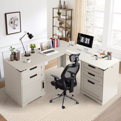 Haverchair 60" Executive L Shaped Desk with Drawers, Farmhouse Home Office Desk with Charging Station, Wood Corner Computer Desk with File Cabinet, Writing Computer Desk for Work and Study