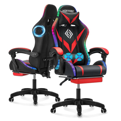Hoffree Gaming Chair with Bluetooth Speakers Office Chair with Footrest and LED Lights Ergonomic Gaming Chairs High Back with Lumbar Support and Headrest Adjustable Swivel for Home Office 300lb