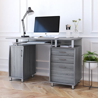 Workstation Computer Desk with Storage in Grey, L-Shaped Office Desk with Bookshelf, CPU Stand, Keyboard Tray for Home Office and Study