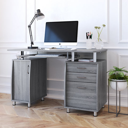 Workstation Computer Desk with Storage in Grey, L-Shaped Office Desk with Bookshelf, CPU Stand, Keyboard Tray for Home Office and Study