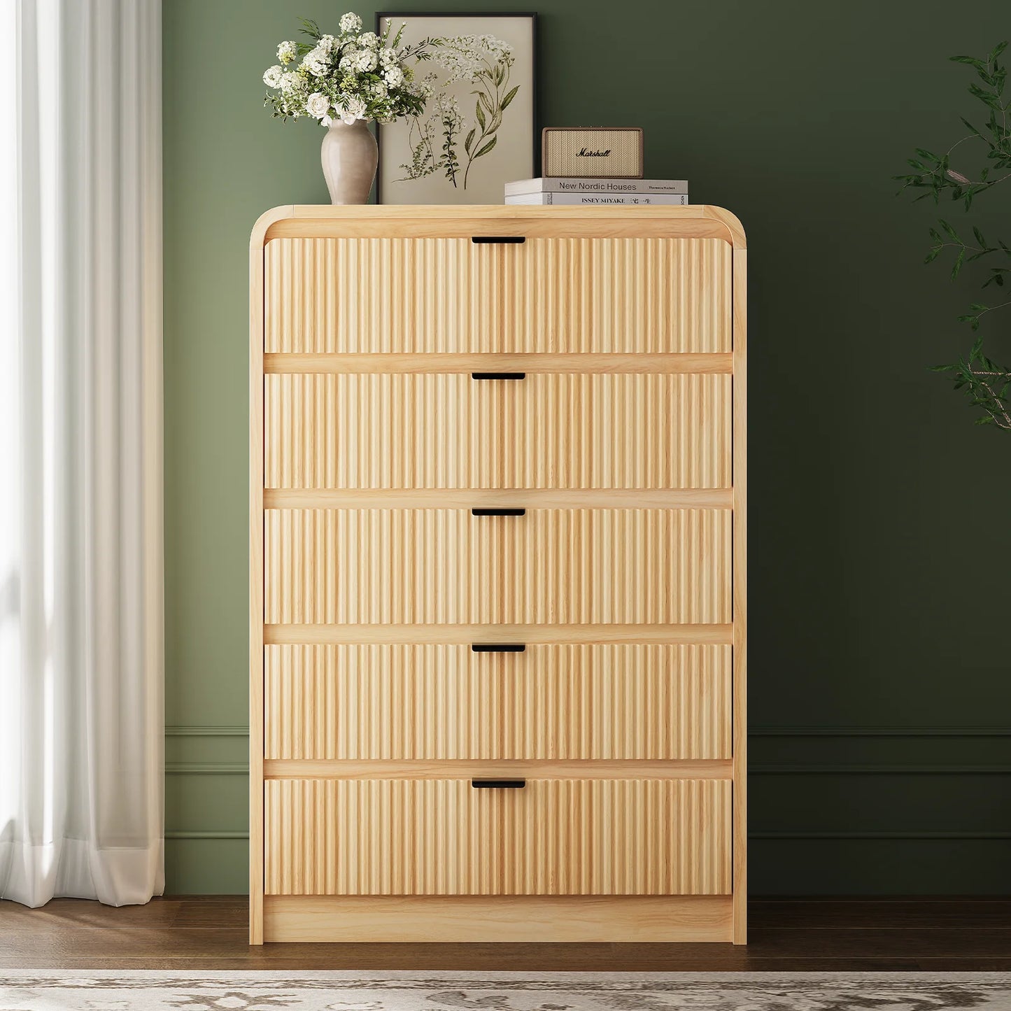 SELOOYE Fluted 5 Drawers Dresser for Bedroom, 47" Tall Modern Dresser Chest of Drawers, Black Accents, Fluted Fronts, Wood Storage Dressers Organizer for Bedroom, Living Room, Natural