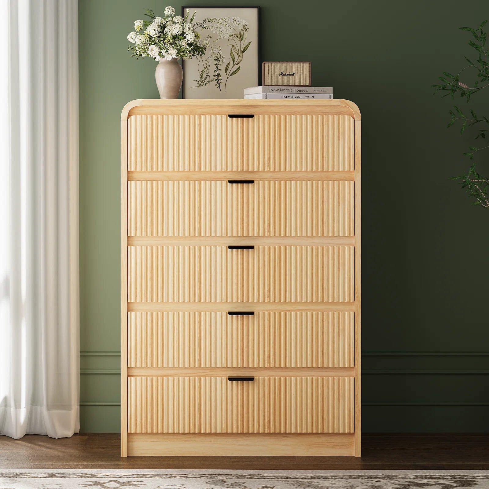 SELOOYE Fluted 5 Drawers Dresser for Bedroom, 47" Tall Modern Dresser Chest of Drawers, Black Accents, Fluted Fronts, Wood Storage Dressers Organizer for Bedroom, Living Room, Natural