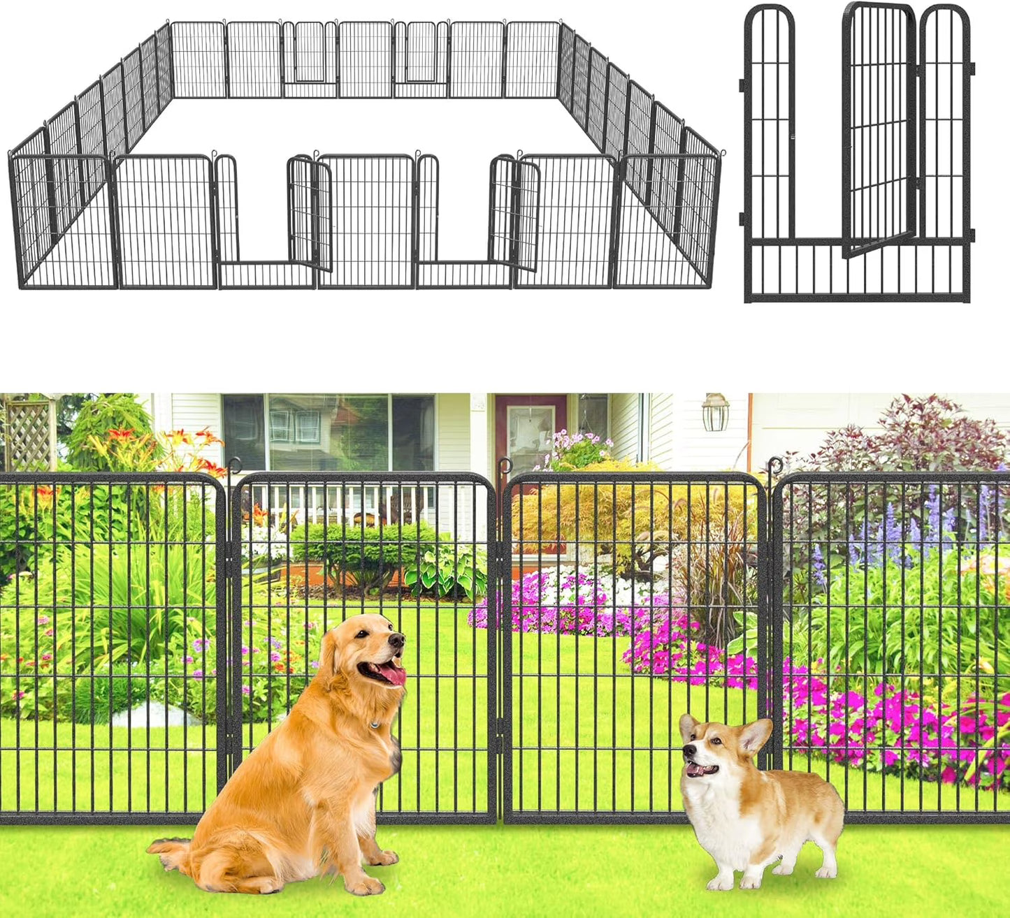 Jhsomdr Garden Fence Outdoor 22ft(L)32in(H) No Dig Fence Panels with Gate, 10 Panels Decorative Garden Fencing Metal Animal Barrier Fence Flower Bed Fencing for Patio Backyard