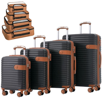 EBQOSK 4PCS Carry On Expandable Luggage Set with 4 Packing Cubes, 16/24/26/28 Inch Three-layer ABS Composite Suitcases with TSA Lock & 360° Spinner Wheels for Family Travel, Expand 25% Space Brown