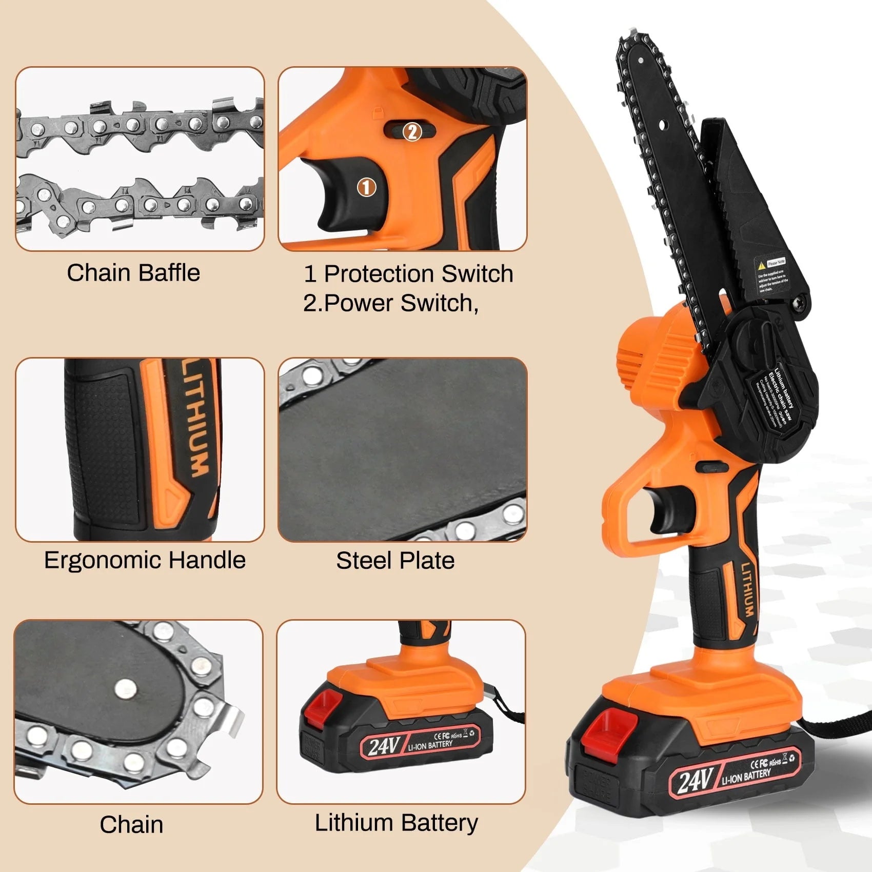 Monkemon 6" Mini Chainsaw, Battery Powered Chain Saws 6-inch, Rechargeable, Electric Mini Chainsaw with 2 Batteries 2 Chains for Pruning Trees Wood Cutting Logging