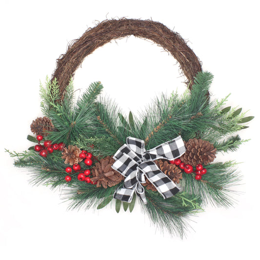 24 in. Artificial Christmas Wreath, Mixed Pine Berries, Buffalo Plaid Bow, Pine Cones, Red Berries