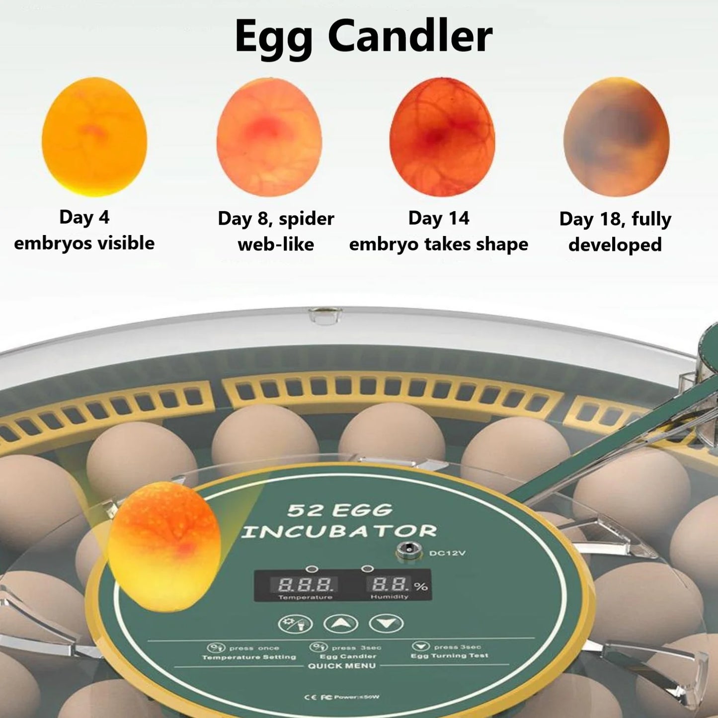 BN-LINK 52 Egg Incubator with Automatic Egg Turning and Temperature Control, Smart Egg Incubator with Humidity Display, LED Candler & Sink, Hatching Chicken Duck Quail Bird