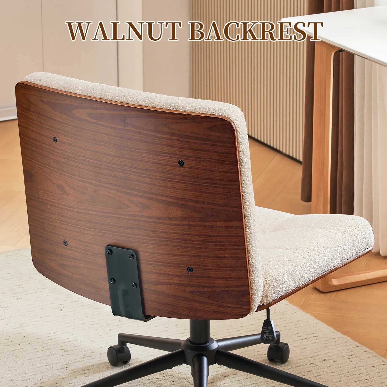 Modern Walnut Office Chair, Wide Seat Swivel Task Chair, Armless Ergonomic Chair with Wheels for Home Office, Bedroom, Ivory White