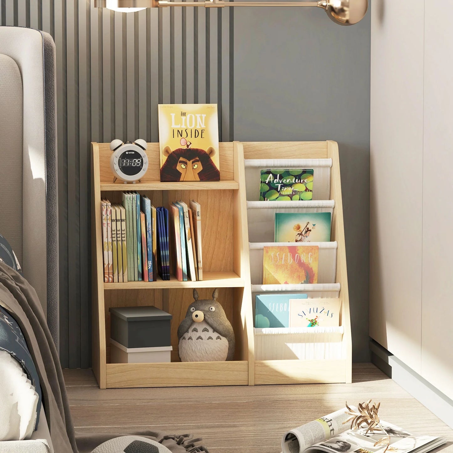 Hironpal Small 3 Tier Kids Bookshelf with 4 Layer Sling Adjustable Book Display Shelf for Nursery Playroom Kids Baby Bedroom