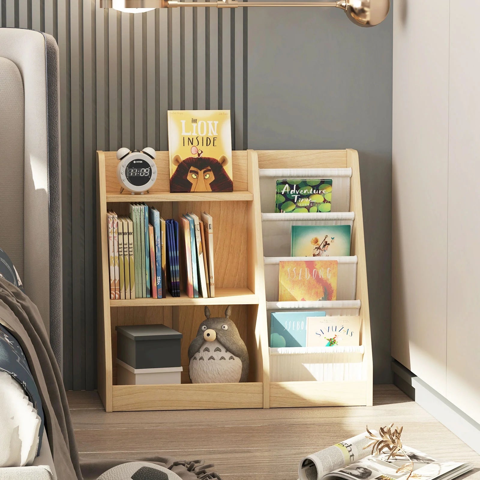 Hironpal Small 3 Tier Kids Bookshelf with 4 Layer Sling Adjustable Book Display Shelf for Nursery Playroom Kids Baby Bedroom