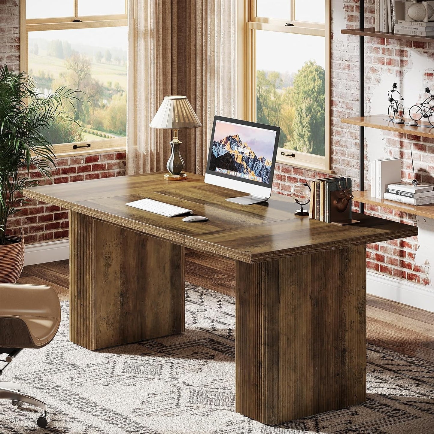 Tribesigns 63-Inch Farmhouse Executive Desk, Office Desk with Double Pedestal, Rustic Brown Executive Computer Workstation for Home Office