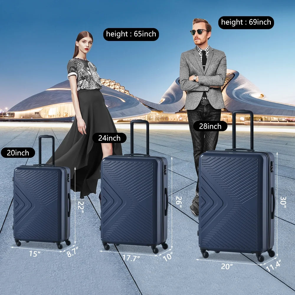3 Piece Navy Luggage Travel Set, 20" 24" 28" Carry on Luggage with Spinner Wheels, Lightweight Hard Case Luggage Travel Suitcase Christmas Gifts for Business Trip Holiday Travel Cruise