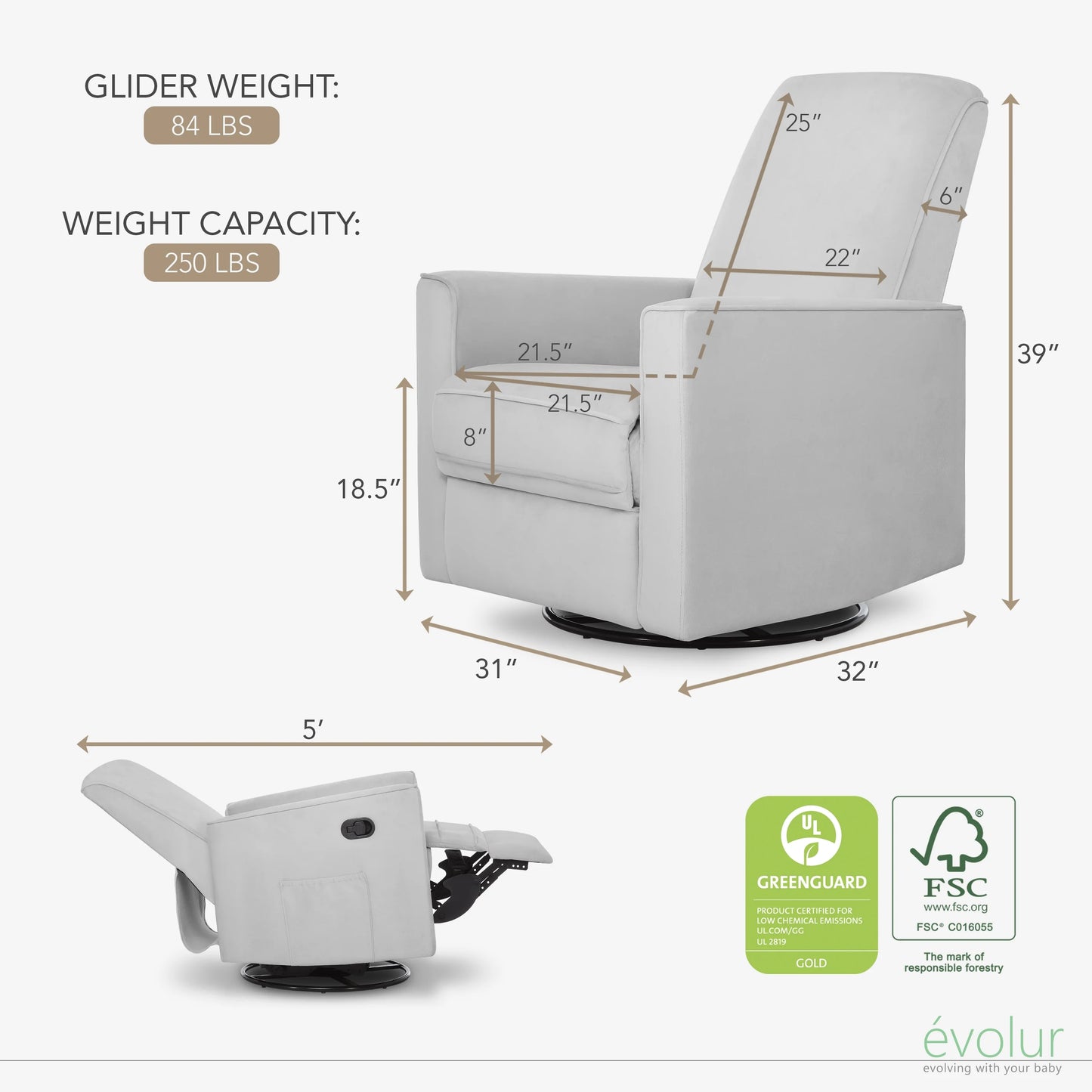 Evolur Raleigh Nursery Glider Recliner and Rocking Chair in Gray, 360° Swivel Motion, Multiple Recline Positions, Easy to Clean, FSC and Greenguard Gold Certified