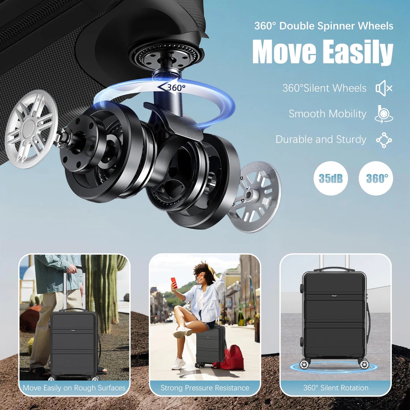 4 Piece Hardshell Luggage Sets, 3 Set Hardside Lightweight Suitcase with Duffel Bag Carry on Travel Luggage with TSA Lock Spinner Wheels, 20in24in28in, Black
