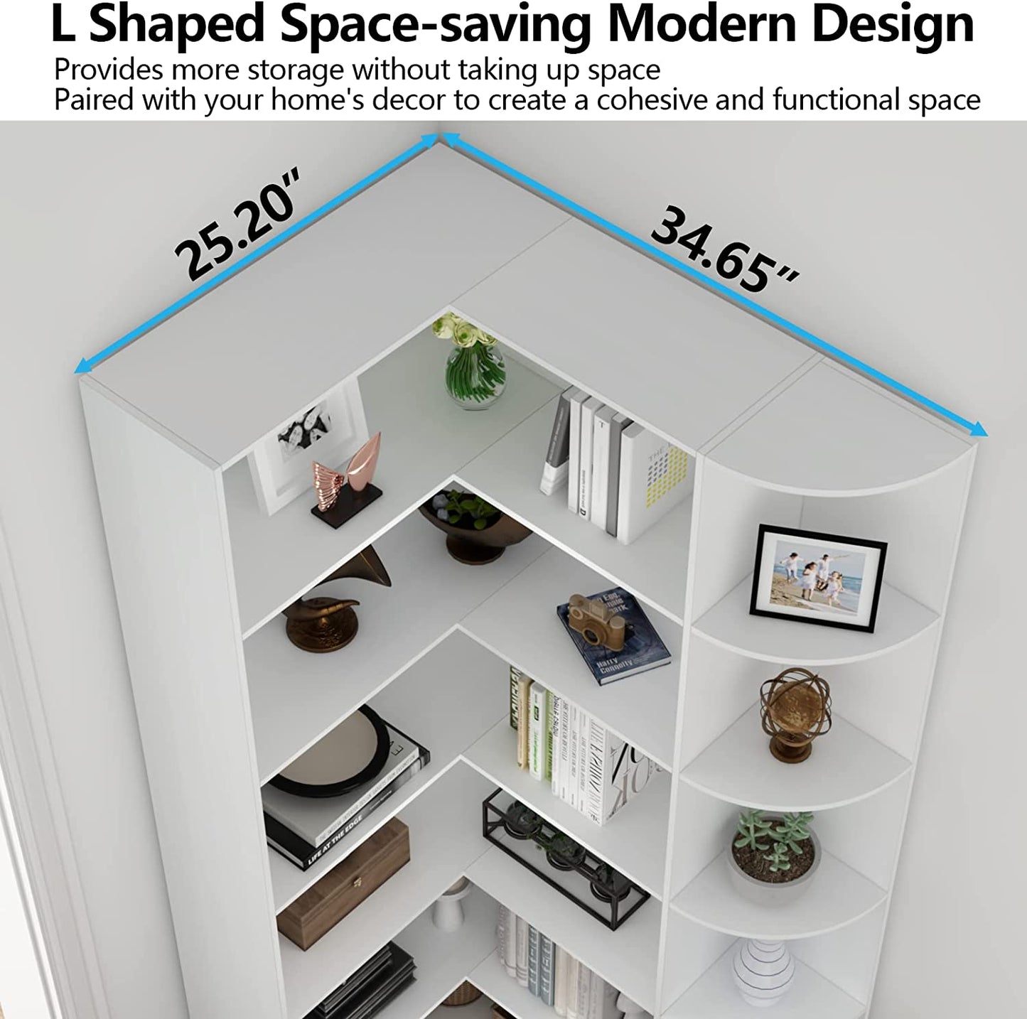 Loomie Bookshelves, 6 Tiers Shelf Large Tall Corner Etagere Bookcase with Full Baffle, L-Shaped Modern Storage Display Industrial Book Shelf for Bedroom, Home Office, Living Room & Kitchen