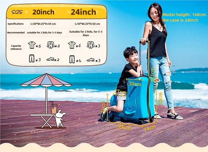 Unisex Ride-On Luggage, 20 Inch Portable Kids Travel Suitcase with Password Lock and Durable Wheels for Summer Camps and Sleepovers (Blue)