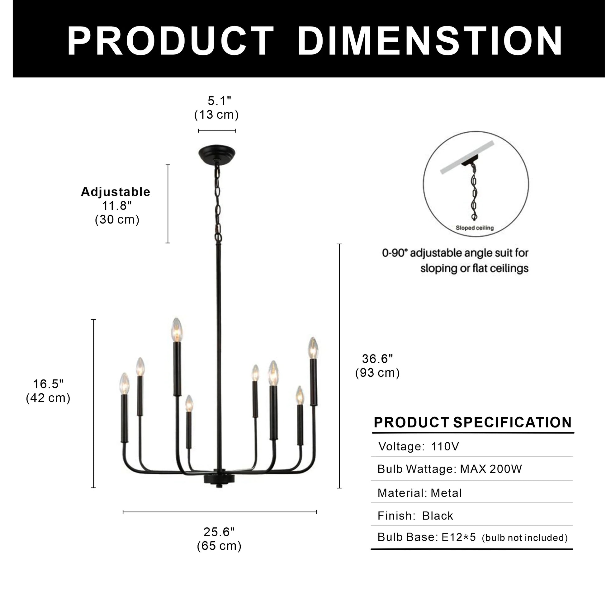 LOHASLED 8-Light Modern Black Candle Chandelier,Rustic Hanging LIght for Farmhouse Living Room Bedroom
