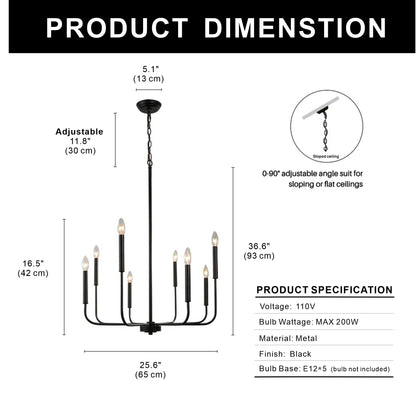 LOHASLED 8-Light Modern Black Candle Chandelier,Rustic Hanging LIght for Farmhouse Living Room Bedroom