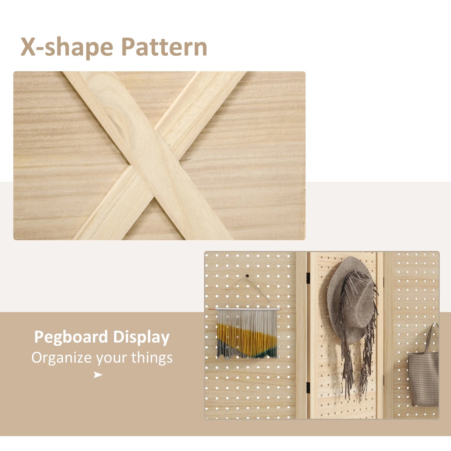 HOMCOM 4.7' 3 Panel Room Divider with Pegboard Display for Indoor, Natural