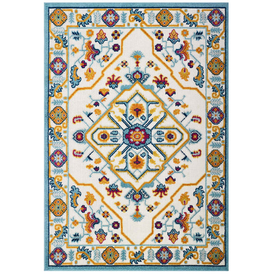 Modway Reflect Freesia Distressed Floral Vintage Medallion 5x8 Indoor and Outdoor Area Rug in Multicolored