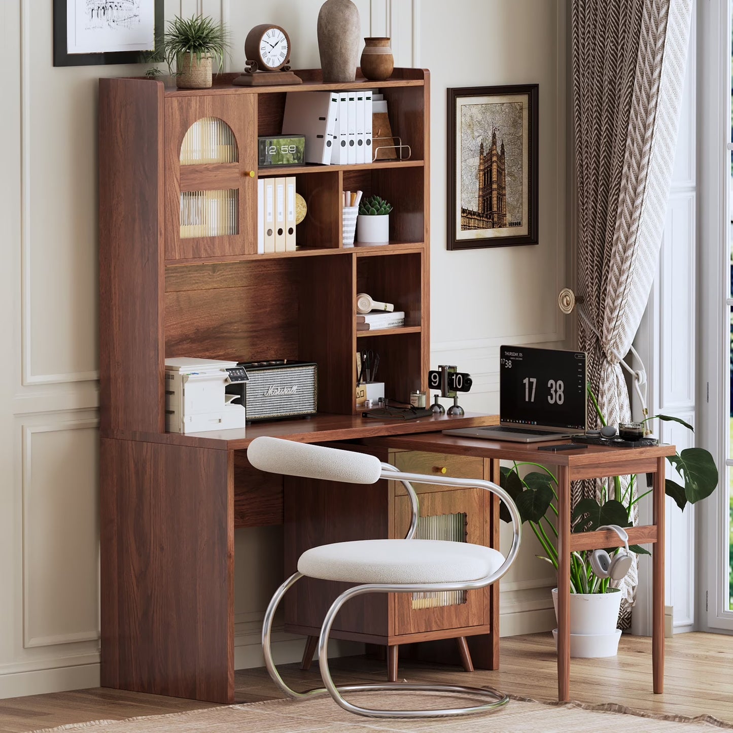 43'' Computer Desk with 90 Degree Rotating Desktop, L-Shaped Home Office Desk with Hutch and Drawer, Writing Desk with Storage Cabinet and Glass Doors for Bedroom Living Room, Walnut