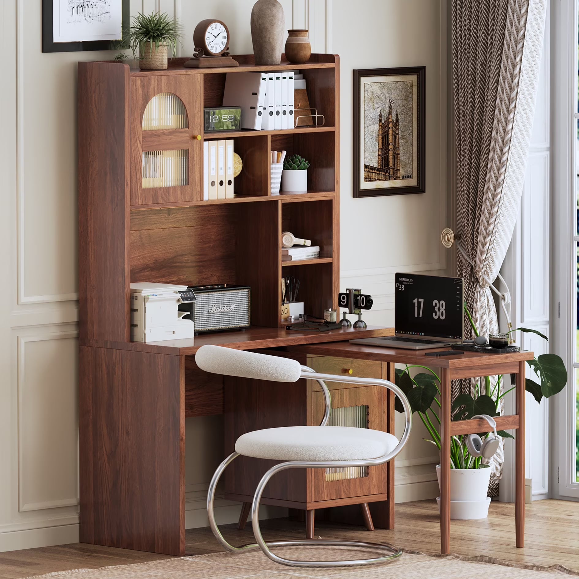 43'' Computer Desk with 90 Degree Rotating Desktop, L-Shaped Home Office Desk with Hutch and Drawer, Writing Desk with Storage Cabinet and Glass Doors for Bedroom Living Room, Walnut