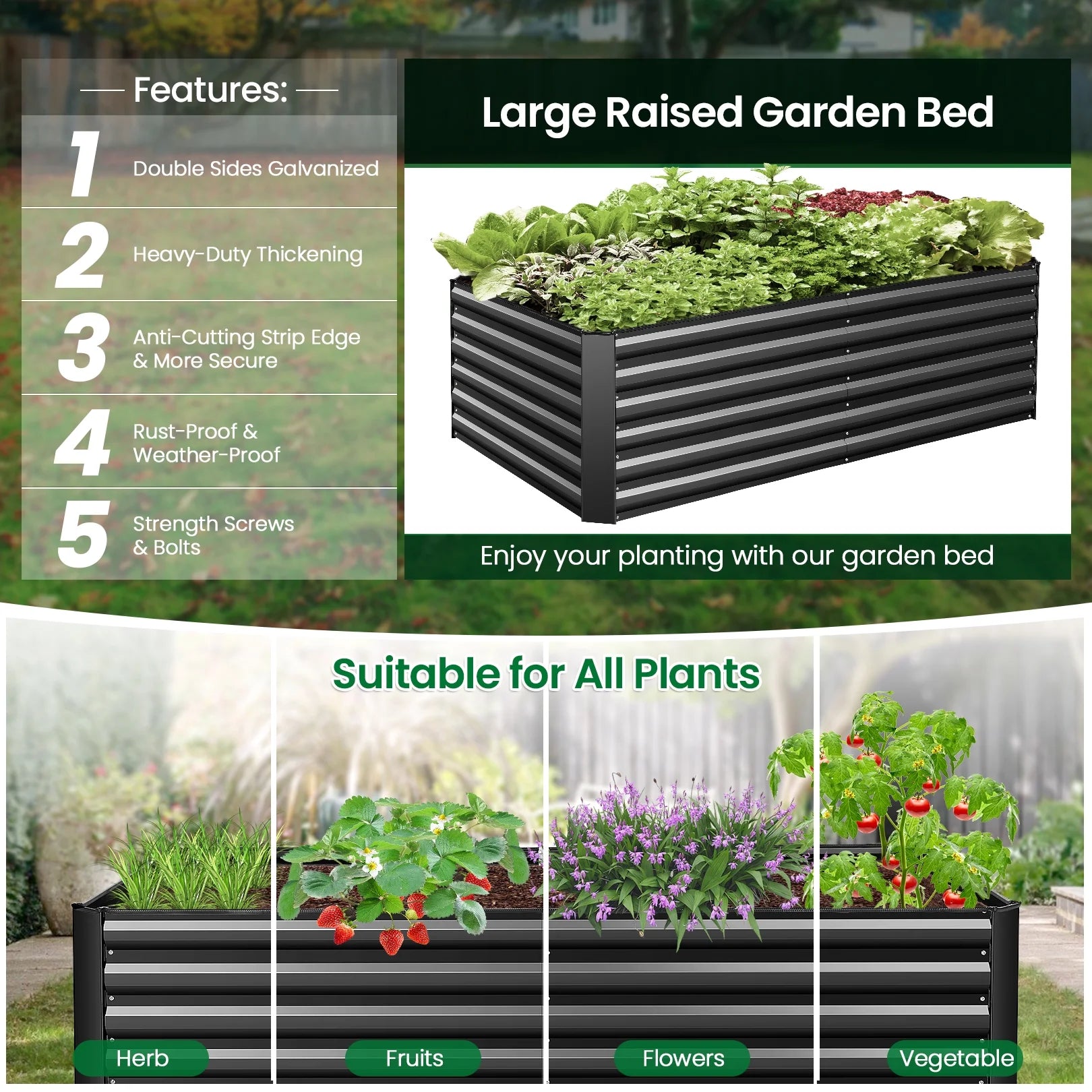 Homdox 6*3*2FT Galvanized Raised Garden Bed, Outdoor Thickened Raised Garden Planter Box for Vegetable Flower Fruit Herb, Rectangular Metal Garden Raised Box for Garden Yard, Black