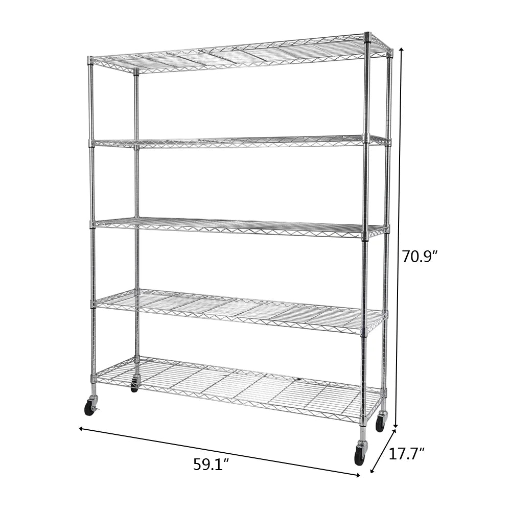 Tcbosik 5-Tier Heavy Duty Metal Storage Rack, NSF Certified Rolling Wire Shelving Unit with Adjustable Shelves for Home Office, Silver