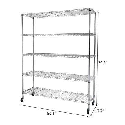 Tcbosik 5-Tier Heavy Duty Metal Storage Rack, NSF Certified Rolling Wire Shelving Unit with Adjustable Shelves for Home Office, Silver