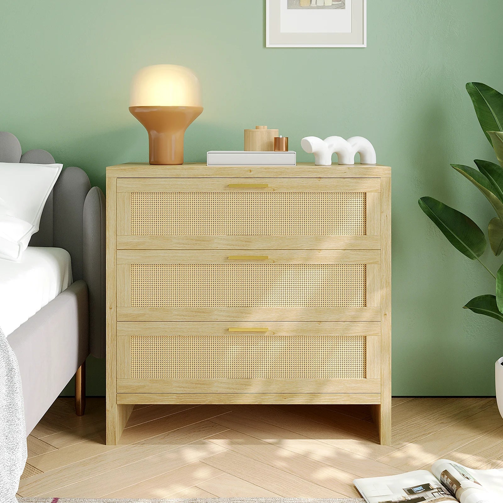 Richya Rattan Dresser with 4 Drawers, Wood Storage Cabinet for Living Room, Hallway, Nursery ,Bedroom