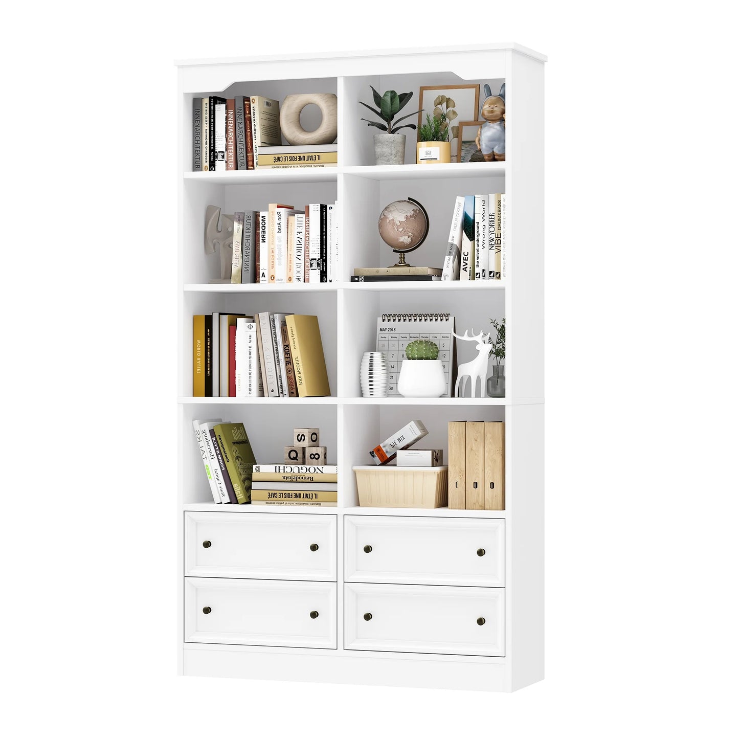 Homfa Double Row 6 Tier Bookcases, 71 in Tall Bookcase Bookshelf with 4 Drawers and 8 Display Cubicles, for Home Office Living Room, White