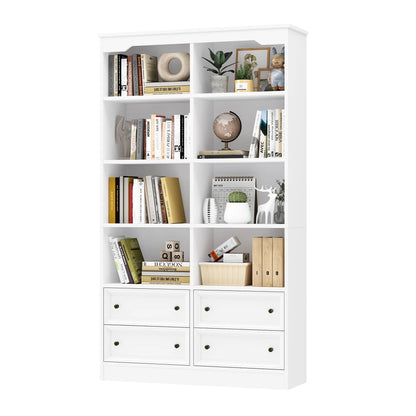 Homfa Double Row 6 Tier Bookcases, 71 in Tall Bookcase Bookshelf with 4 Drawers and 8 Display Cubicles, for Home Office Living Room, White