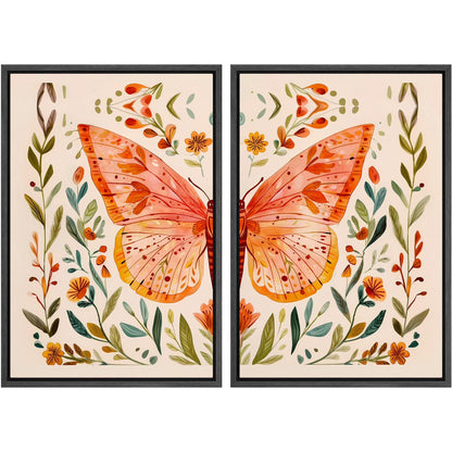 IDEA4WALL Framed Canvas Print Wall Art Set Whimsical Butterfly and Florals Illustration Abstract Botanical Boho Modern Art Wall Decor Colorful Chic Artwork for Home Decor - Natural 24"x36"x2